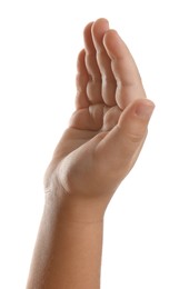 Photo of Little child on white background, closeup of hand