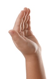 Photo of Little child on white background, closeup of hand