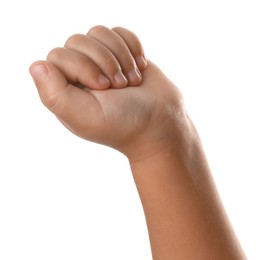 Little child on white background, closeup of hand