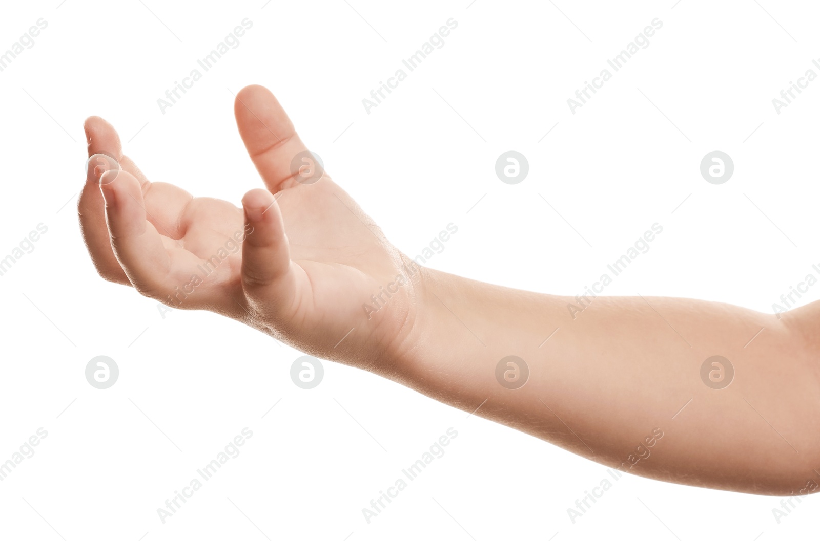 Photo of Little child on white background, closeup of hand