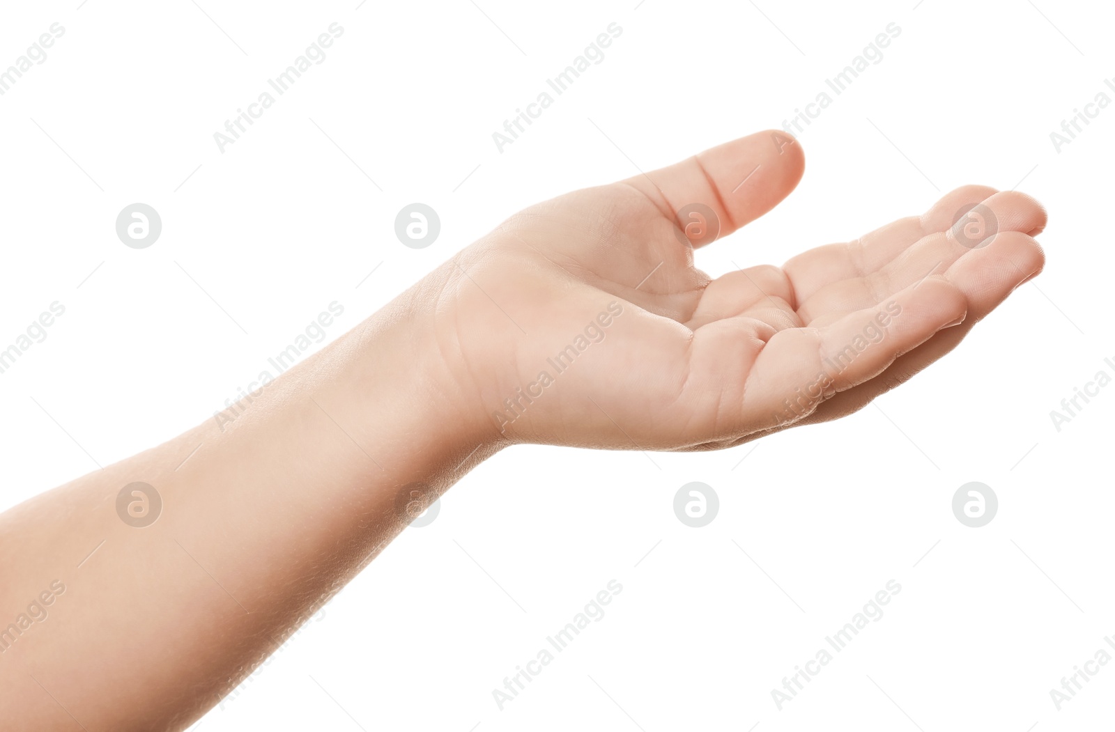 Photo of Little child on white background, closeup of hand