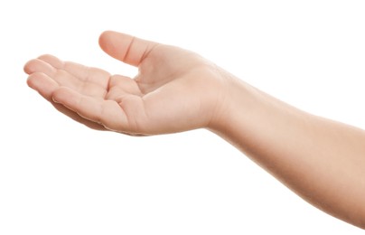 Photo of Little child on white background, closeup of hand