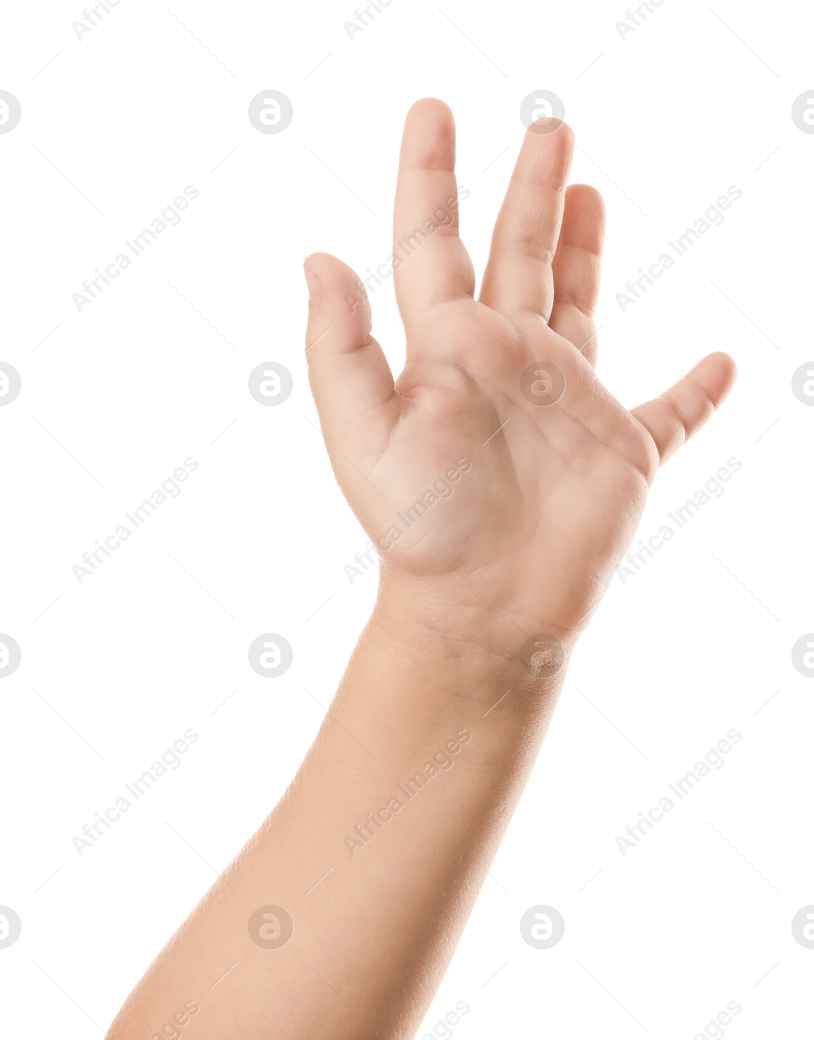 Photo of Little child on white background, closeup of hand