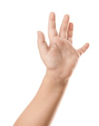 Little child on white background, closeup of hand