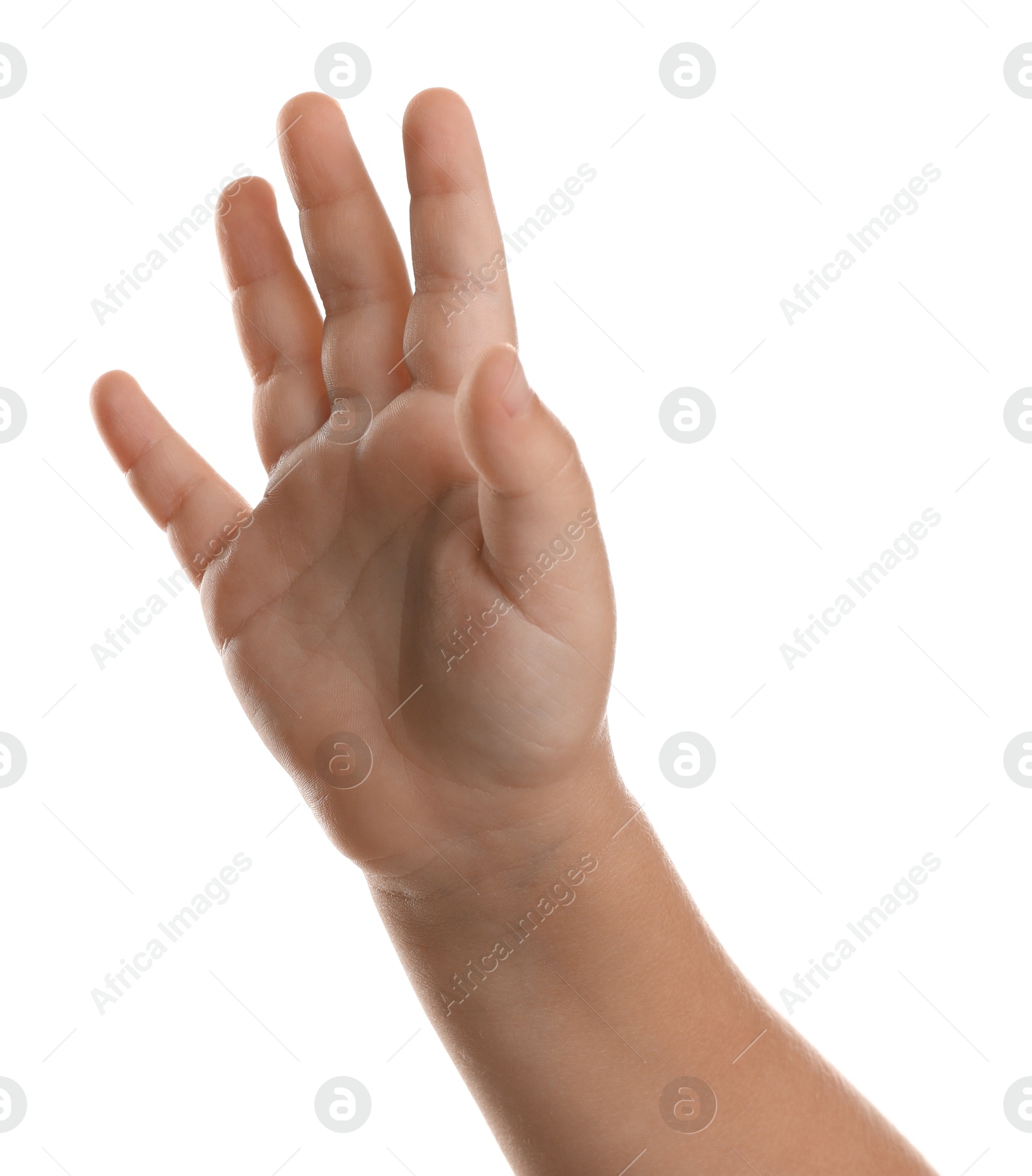 Photo of Little child on white background, closeup of hand