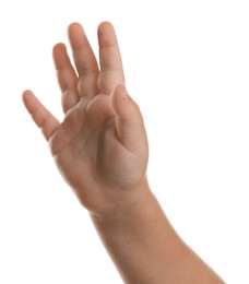 Little child on white background, closeup of hand