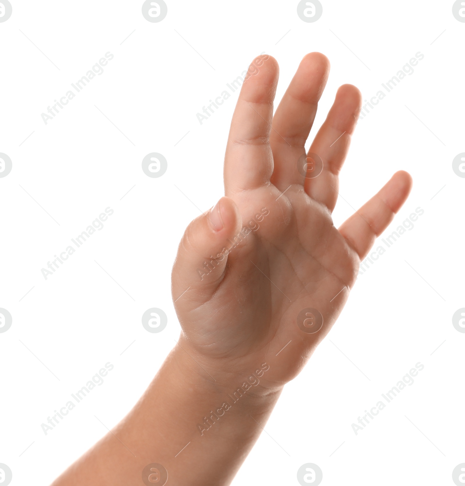 Photo of Little child on white background, closeup of hand