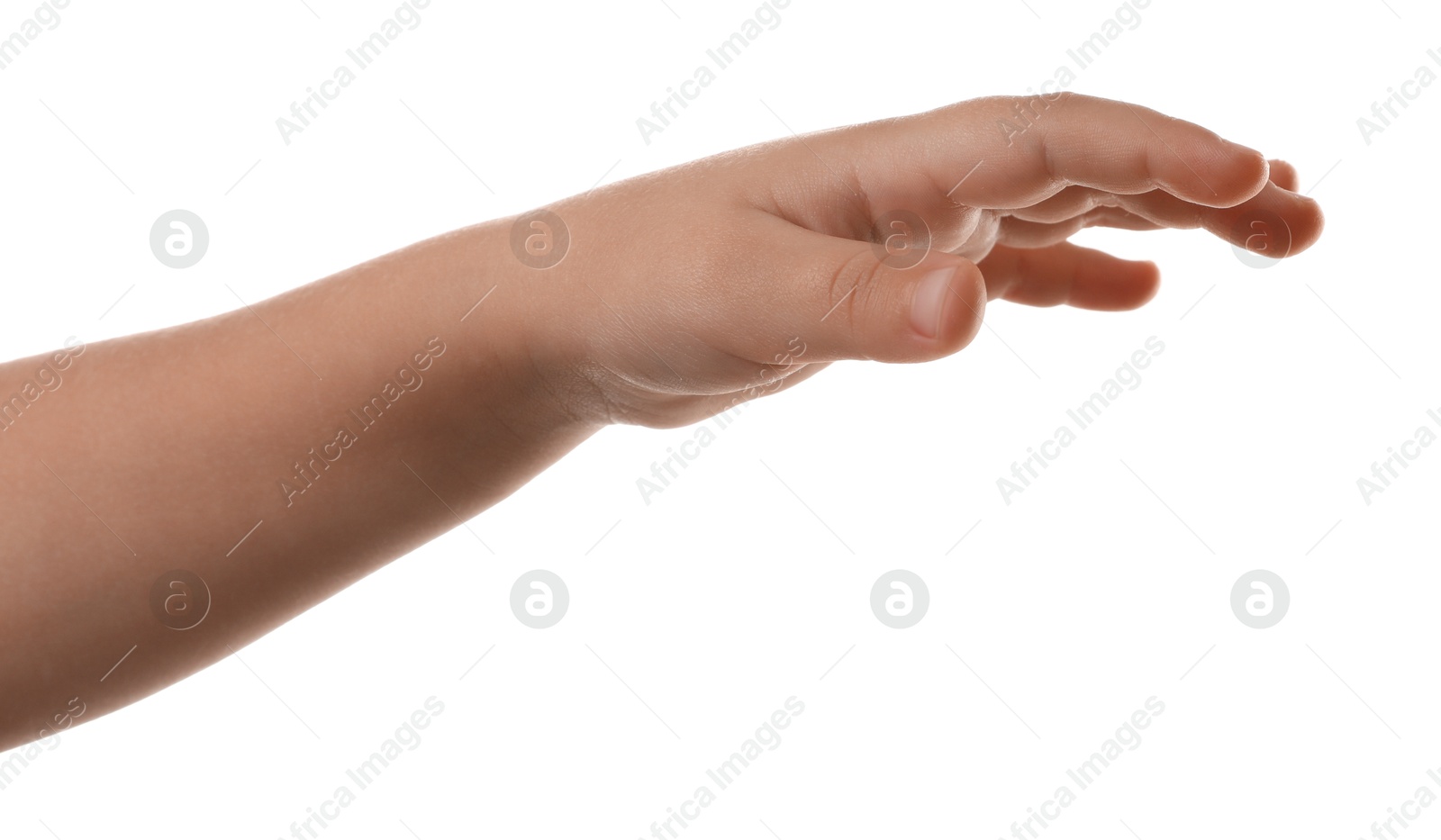 Photo of Little child on white background, closeup of hand