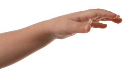 Little child on white background, closeup of hand