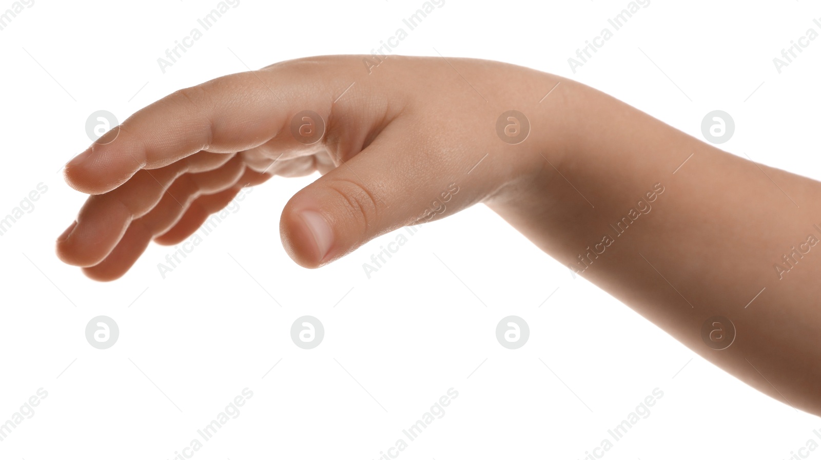 Photo of Little child on white background, closeup of hand