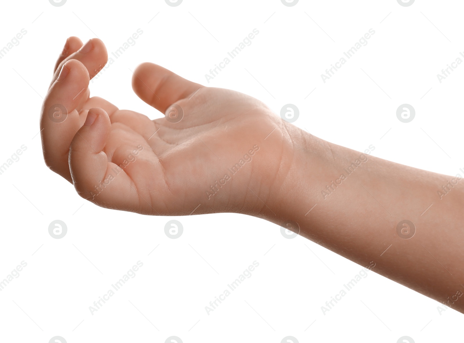 Photo of Little child on white background, closeup of hand