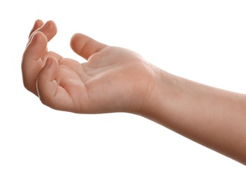 Little child on white background, closeup of hand