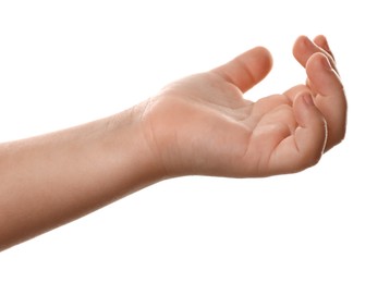 Photo of Little child on white background, closeup of hand