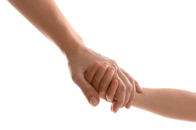 Photo of Mother and child holding hands on white background, closeup