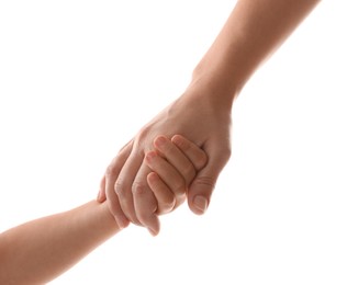 Photo of Mother and child holding hands on white background, closeup