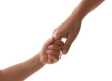 Mother and child holding hands on white background, closeup