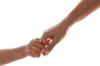 Mother and child holding hands on white background, closeup