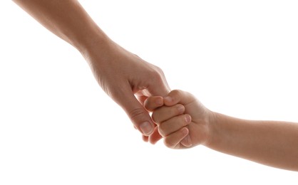 Mother and child holding hands on white background, closeup