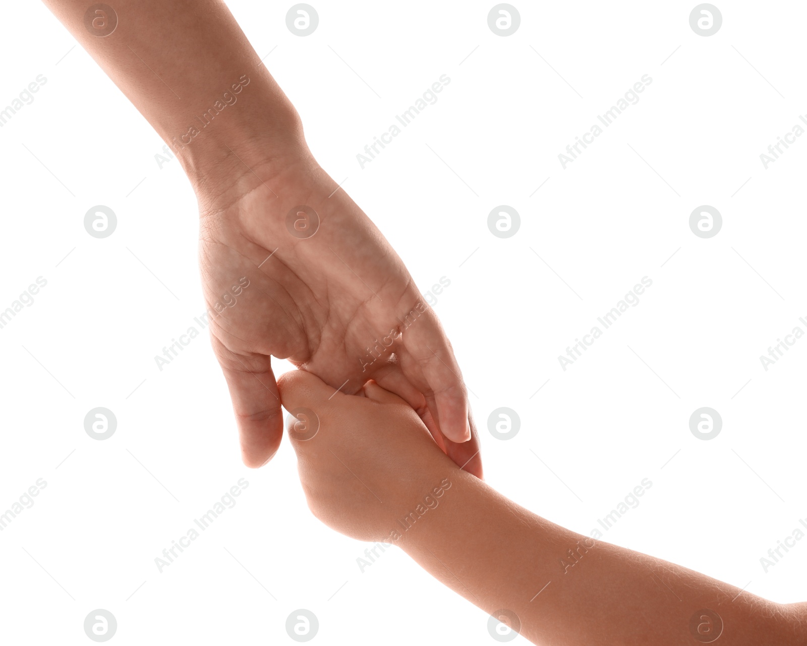 Photo of Mother and child holding hands on white background, closeup