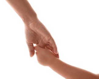 Mother and child holding hands on white background, closeup