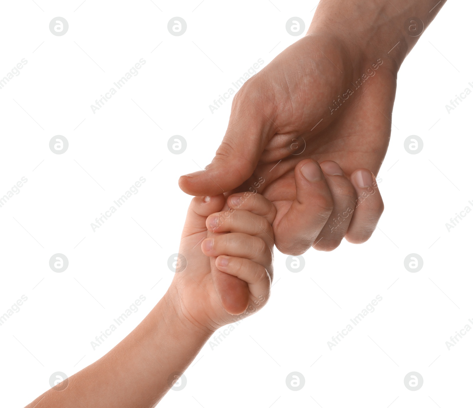 Photo of Father and child holding hands on white background, closeup