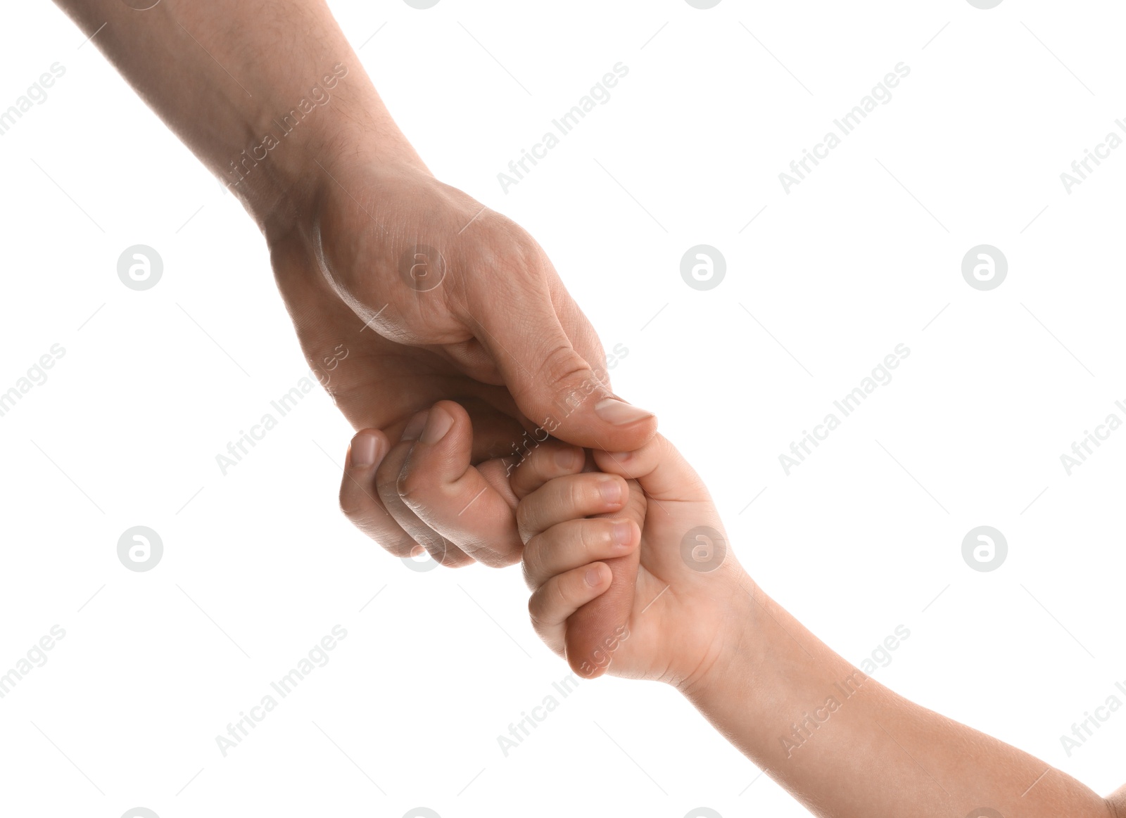 Photo of Father and child holding hands on white background, closeup