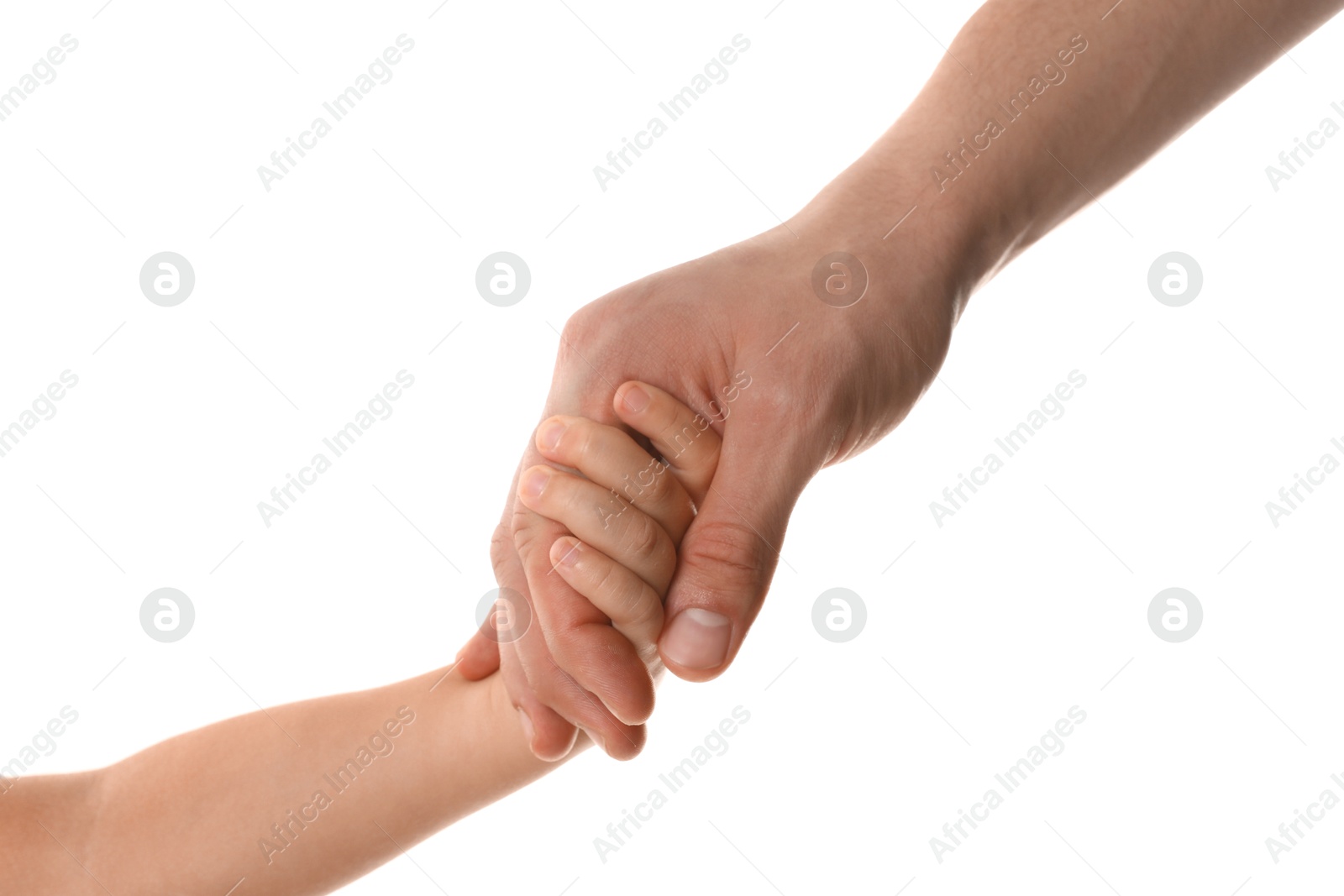 Photo of Father and child holding hands on white background, closeup