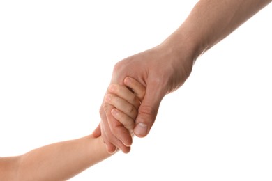 Photo of Father and child holding hands on white background, closeup