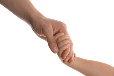 Photo of Father and child holding hands on white background, closeup