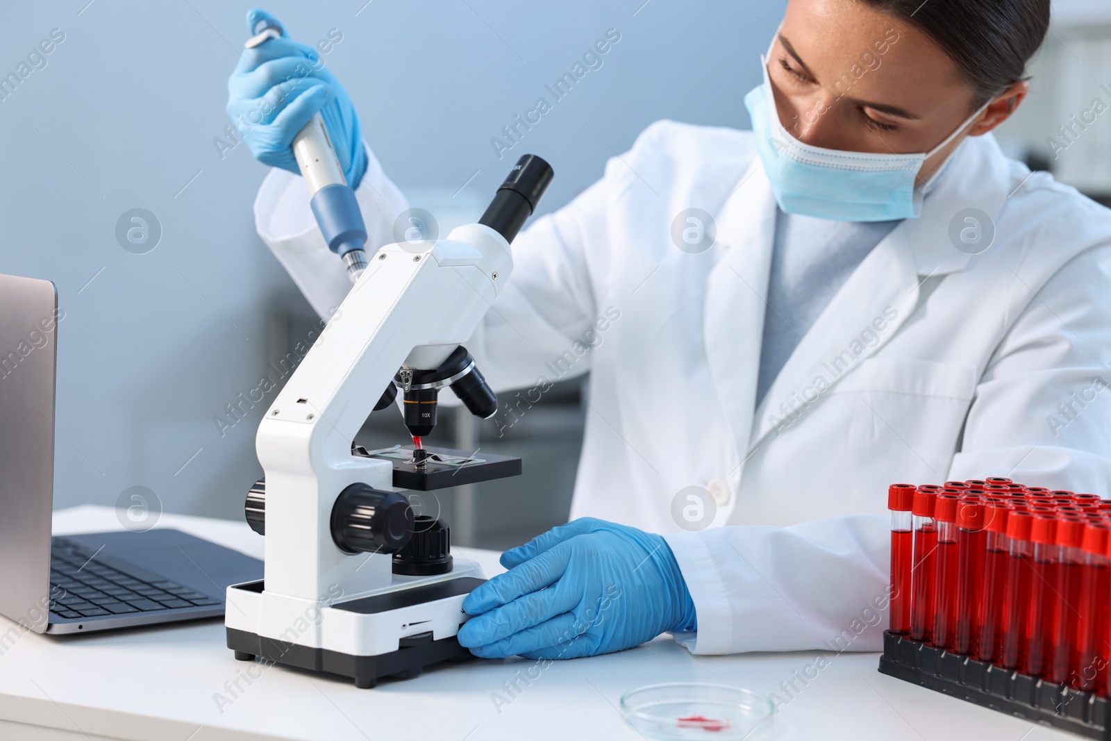 Photo of Laboratory testing. Doctor dripping blood sample onto glass slide while working with microscope at table indoors