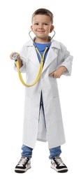 Photo of Little boy with stethoscope pretending to be doctor on white background. Dreaming of future profession