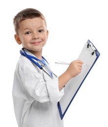 Little boy with stethoscope and clipboard pretending to be doctor on white background. Dreaming of future profession