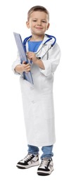 Photo of Little boy with stethoscope and clipboard pretending to be doctor on white background. Dreaming of future profession