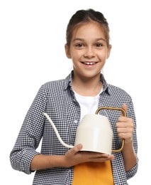 Photo of Girl with watering can pretending to be gardener on white background. Dreaming of future profession