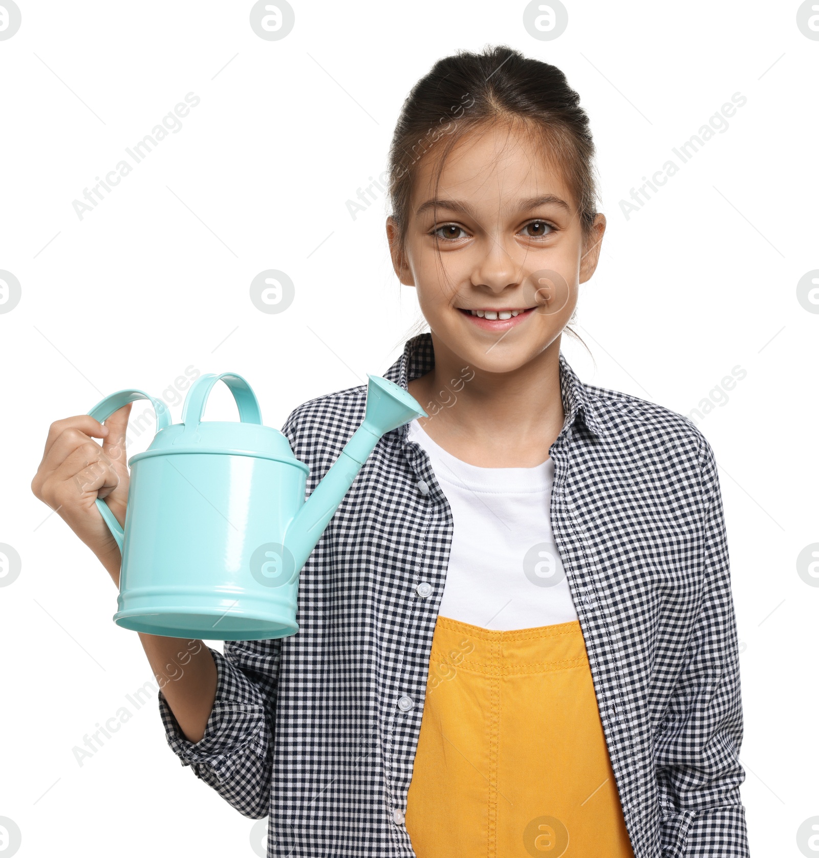 Photo of Girl with watering can pretending to be gardener on white background. Dreaming of future profession