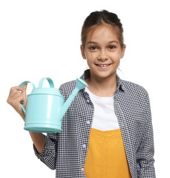 Photo of Girl with watering can pretending to be gardener on white background. Dreaming of future profession