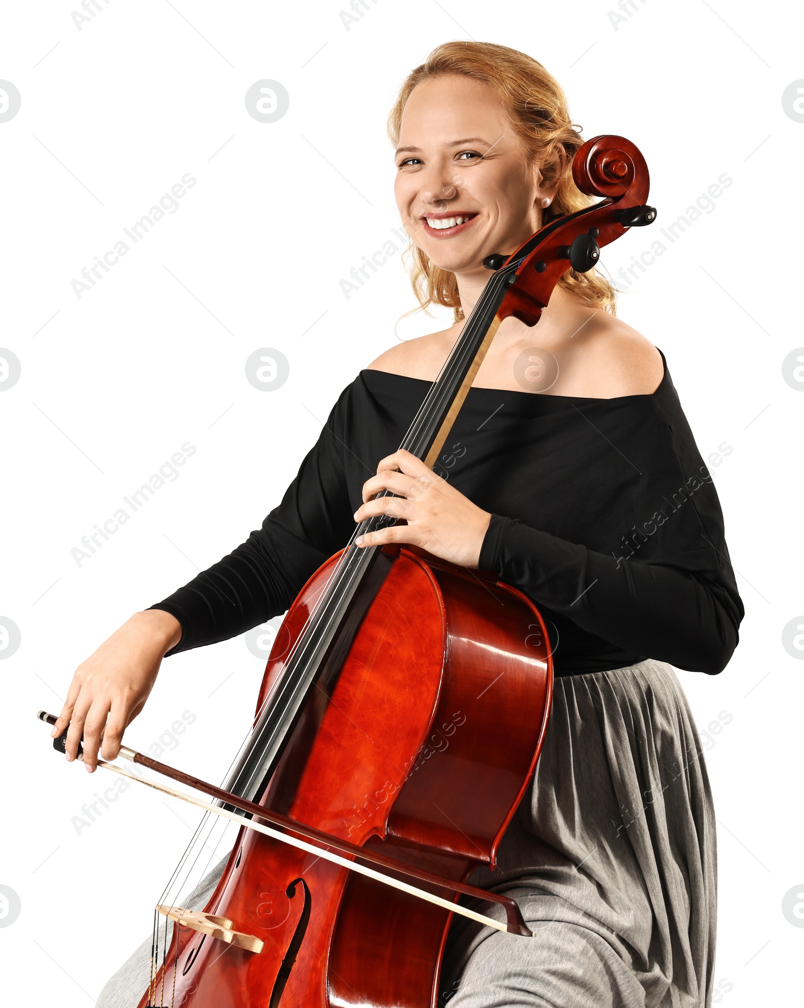 Photo of Beautiful young woman playing cello on white background