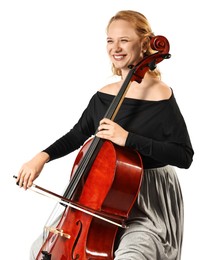 Photo of Beautiful young woman playing cello on white background