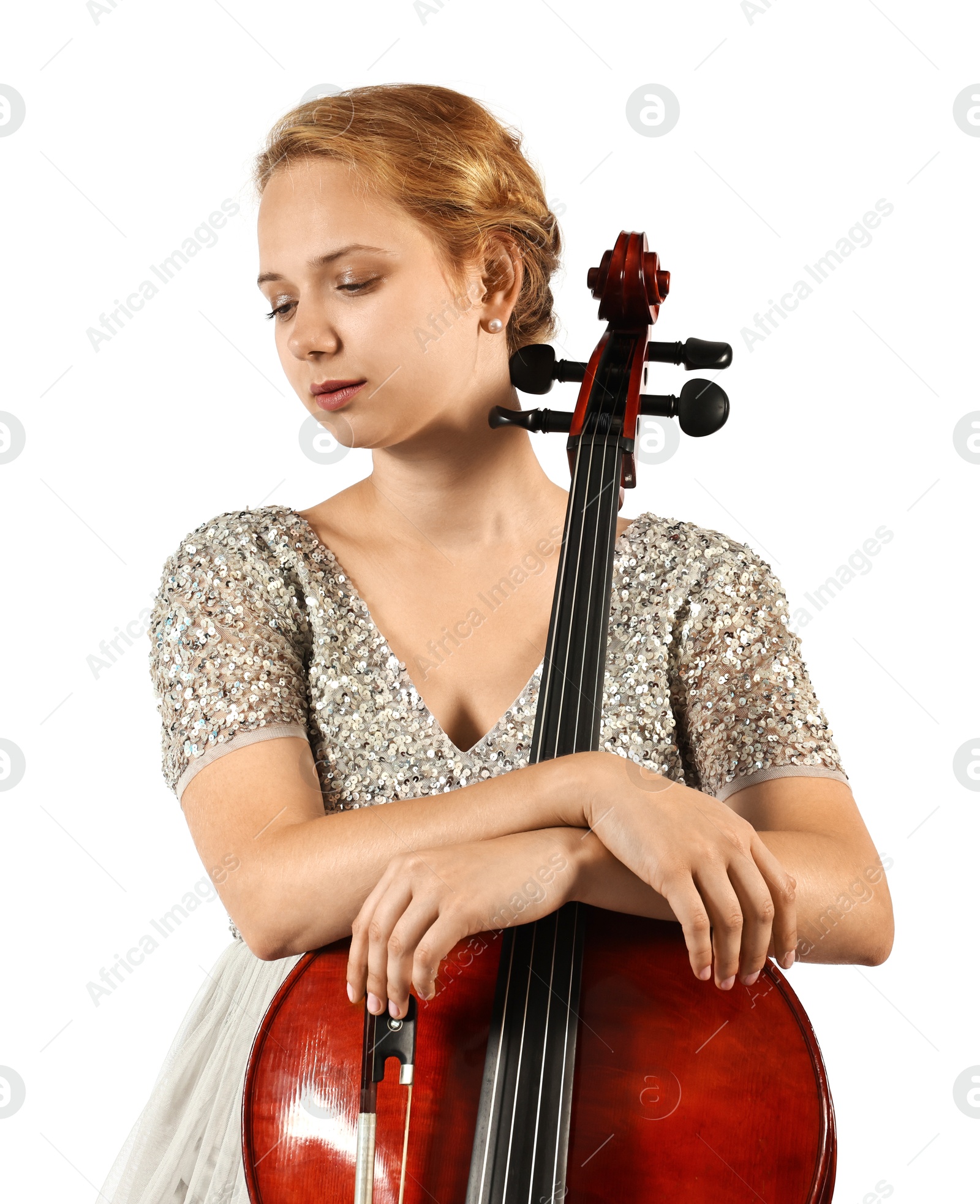 Photo of Beautiful young woman with cello isolated on white