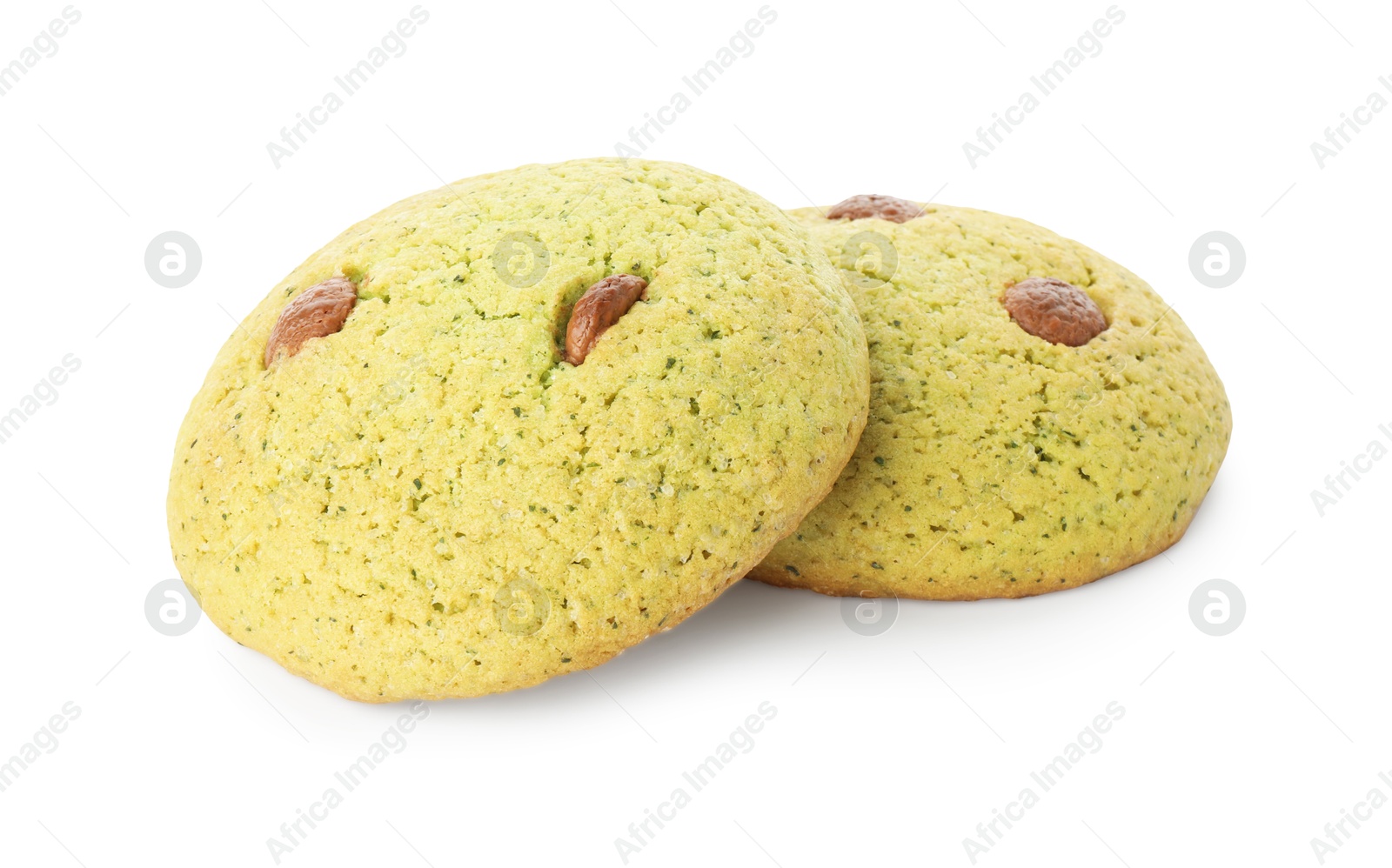 Photo of Delicious mint chocolate chip cookies isolated on white