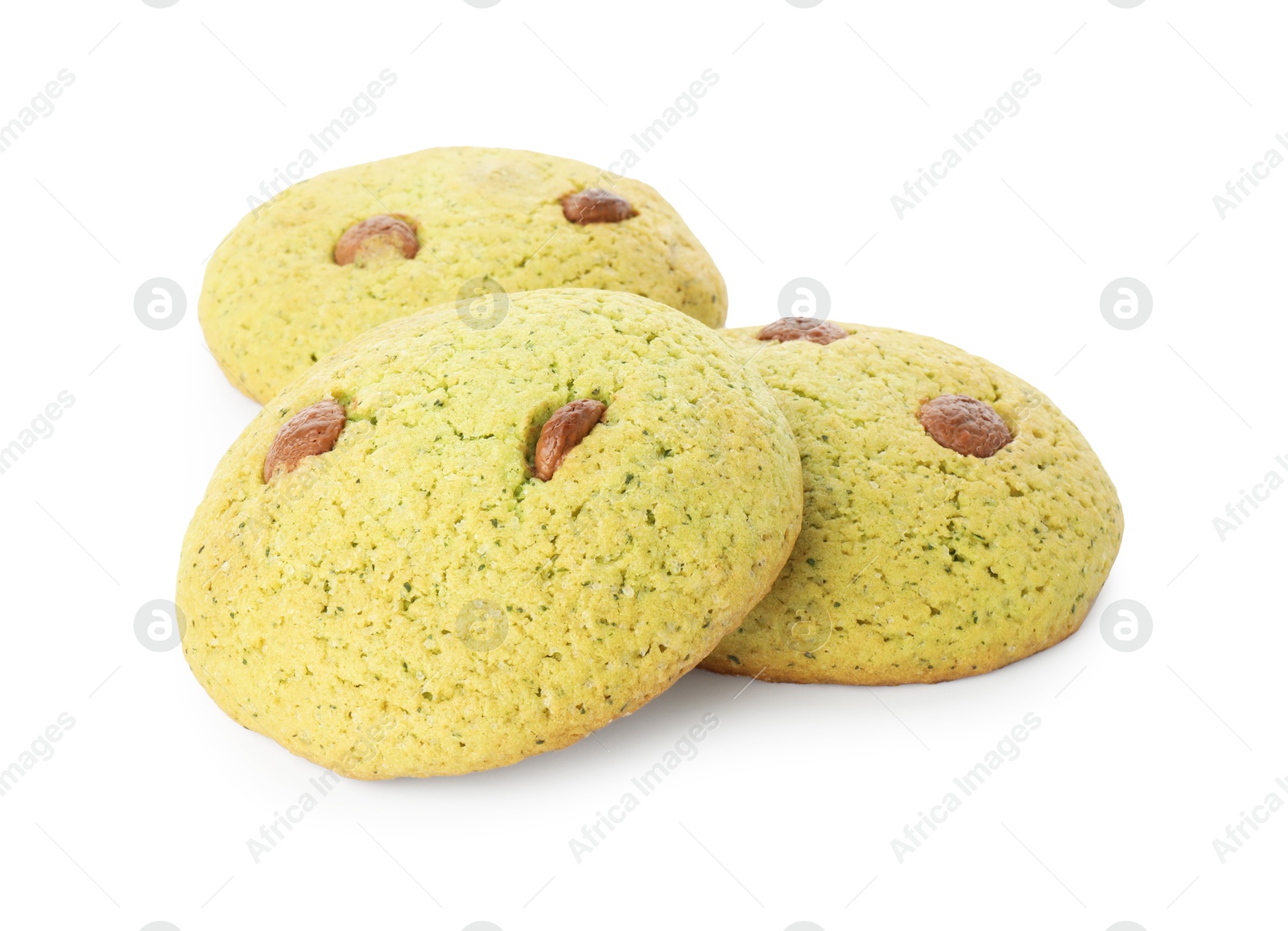 Photo of Delicious mint chocolate chip cookies isolated on white