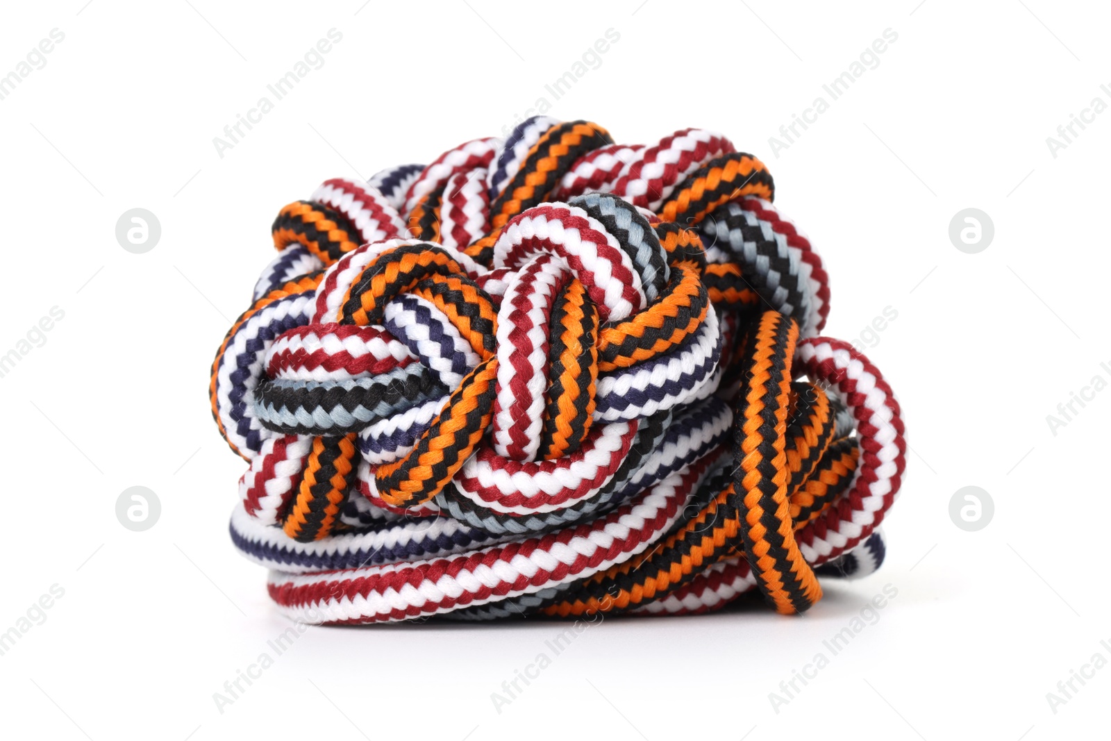 Photo of Colorful ropes tied together isolated on white. Unity concept