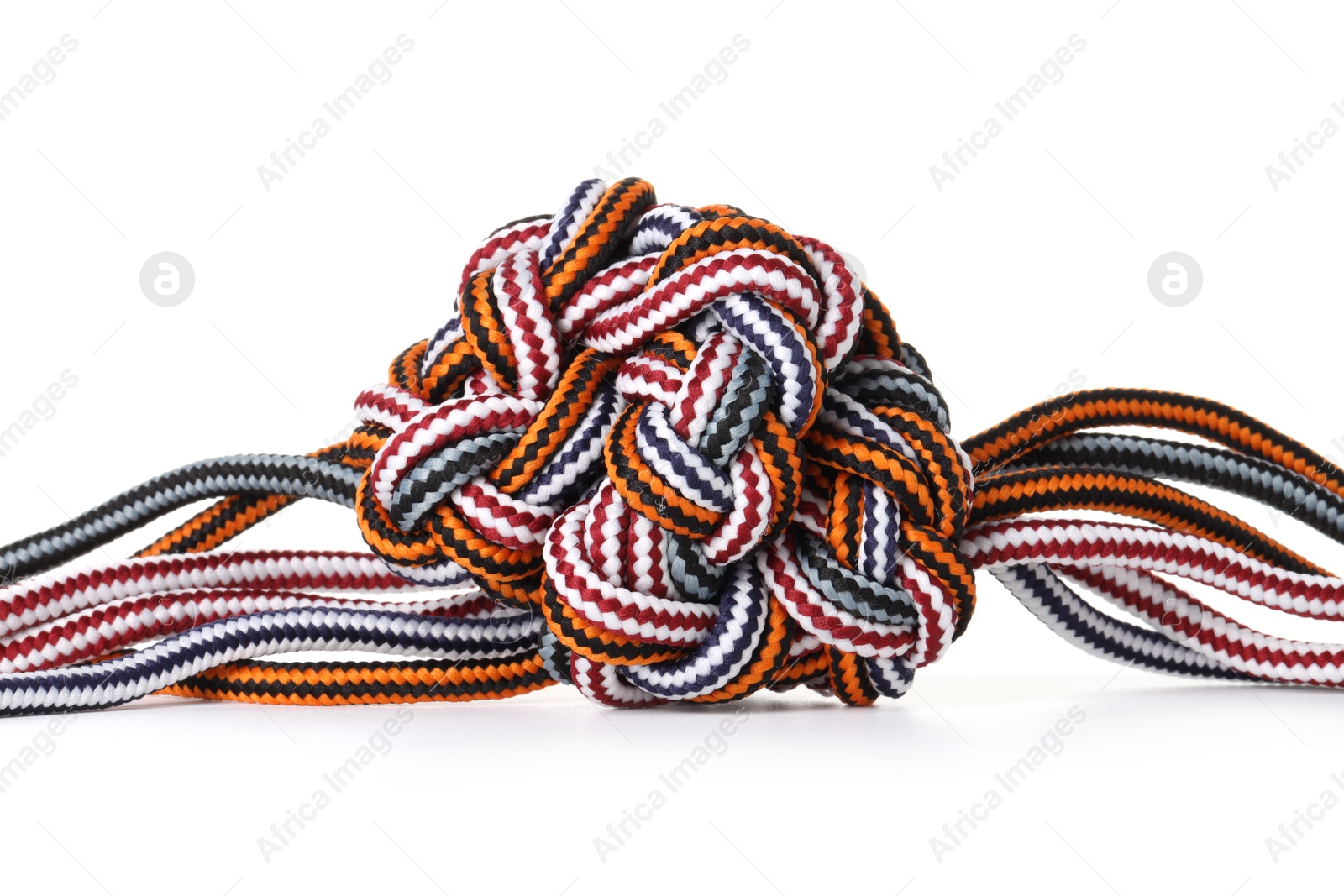 Photo of Colorful ropes tied together isolated on white. Unity concept