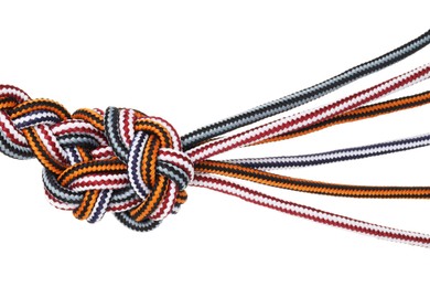 Photo of Colorful ropes tied in knot isolated on white. Unity concept