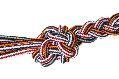 Photo of Colorful ropes tied in knot isolated on white. Unity concept