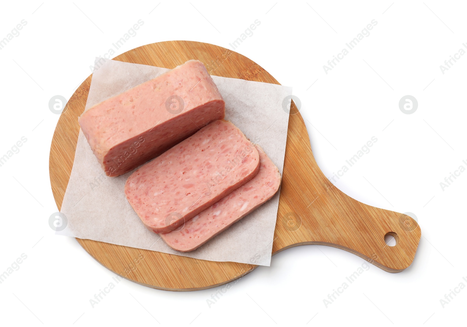 Photo of Tasty fresh canned meat isolated on white, top view