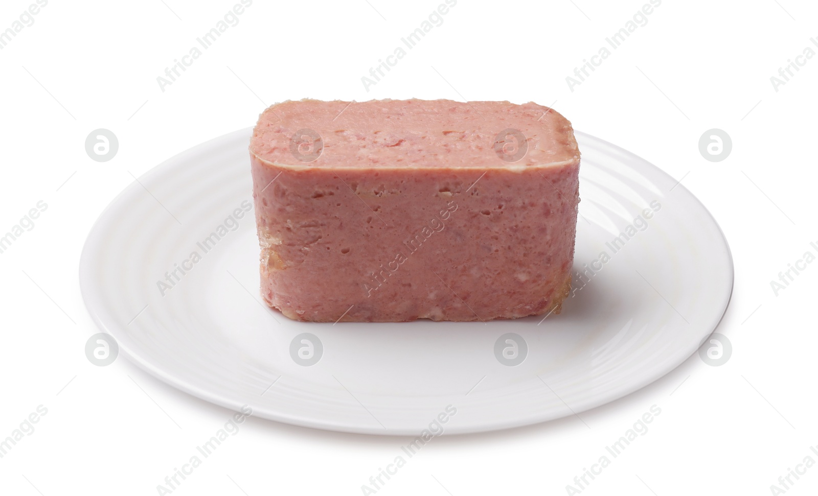 Photo of Tasty fresh canned meat isolated on white