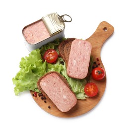 Photo of Tasty canned meat, bread, tomatoes, spices and lettuce isolated on white, top view