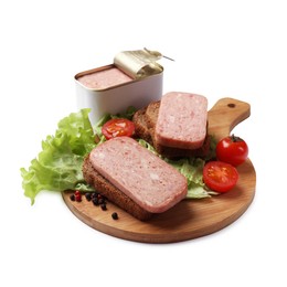 Photo of Tasty canned meat, bread, tomatoes, spices and lettuce isolated on white