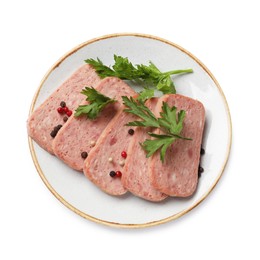 Photo of Tasty canned meat, parsley and peppercorns isolated on white, top view